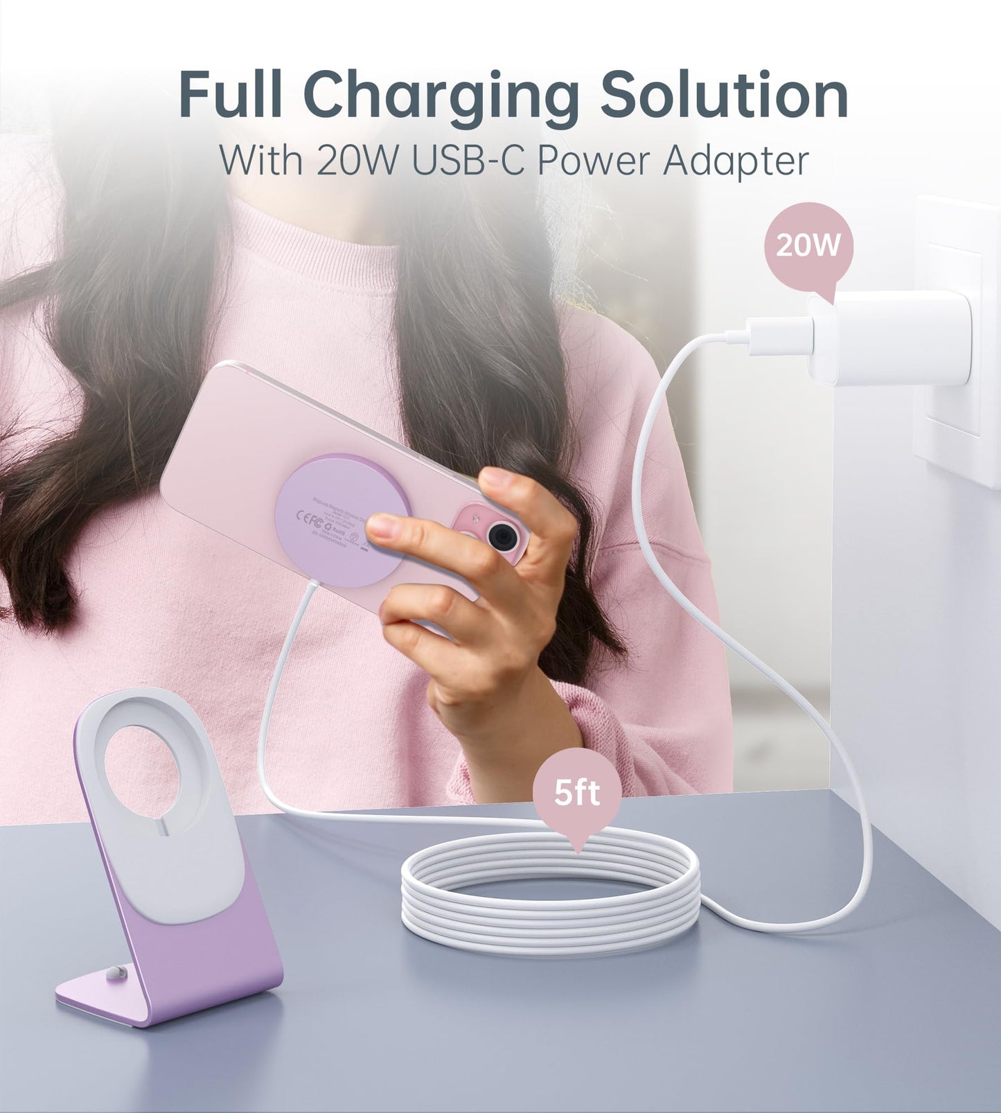 Magnetic Wireless Charger for iPhone 17/16/15/14/13/12 - Mag Charger+20W USB C Adapter, Fast Wireless Charging Stand/Pad with 5ft USB-C Cable for iPhone 17/16/15/14/13/12 Pro Max Plus Mini Air, Airpod