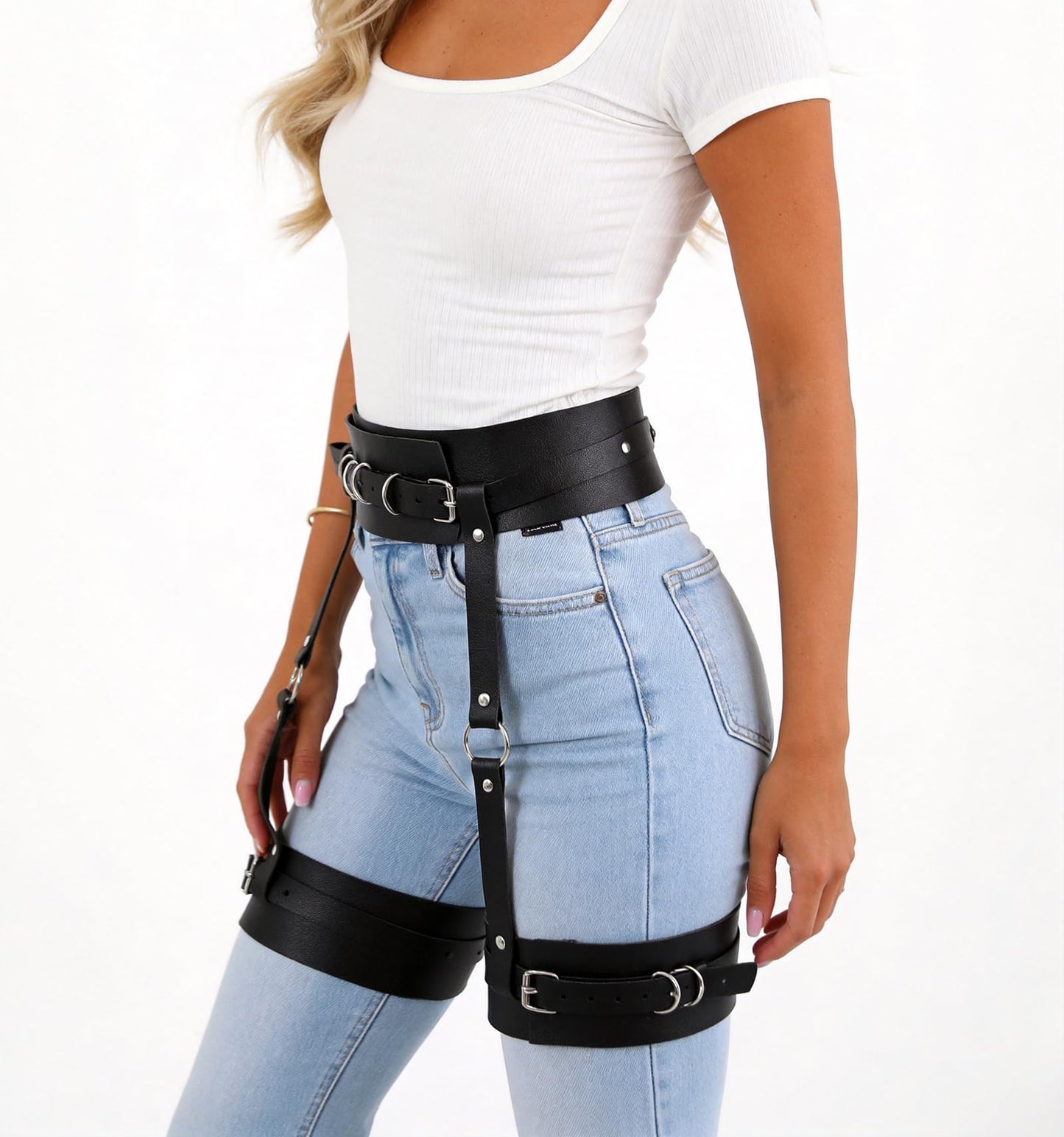 WARANDOD Women Adjustable Thigh Belt with Waist Strap, Faux Leather Alloy Leg Harness Belt for Festival Street Style Outfits(Waist 24.6-37.6in)