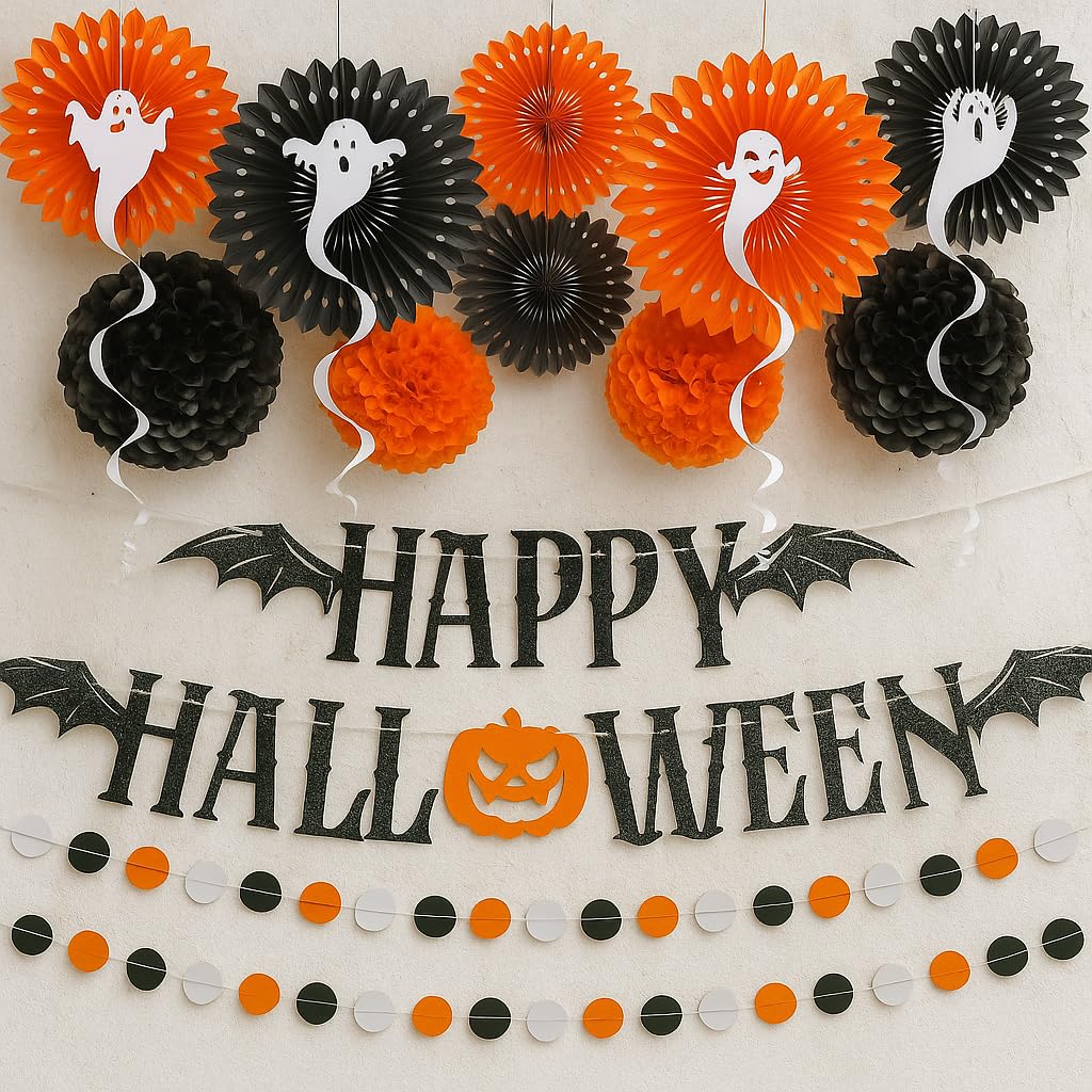 KatchOn, Halloween Banner & Fringe Set-Pack of 23 | Paper Fan Glittery Happy Halloween Garlands, Ghost Hanging Swirls with Paper Lanterns & Honeycomb Set | Perfect for halloween Party.