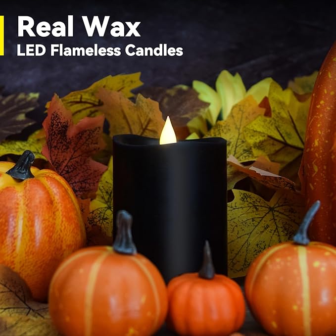 Black Flameless LED Candles - 3" x 4" Real Wax, Battery Operated with Remote Timer, 3D Flickering, Lasts 600+ Hours, Halloween & Christmas Deco (Black, 3"*4"-1pcs)