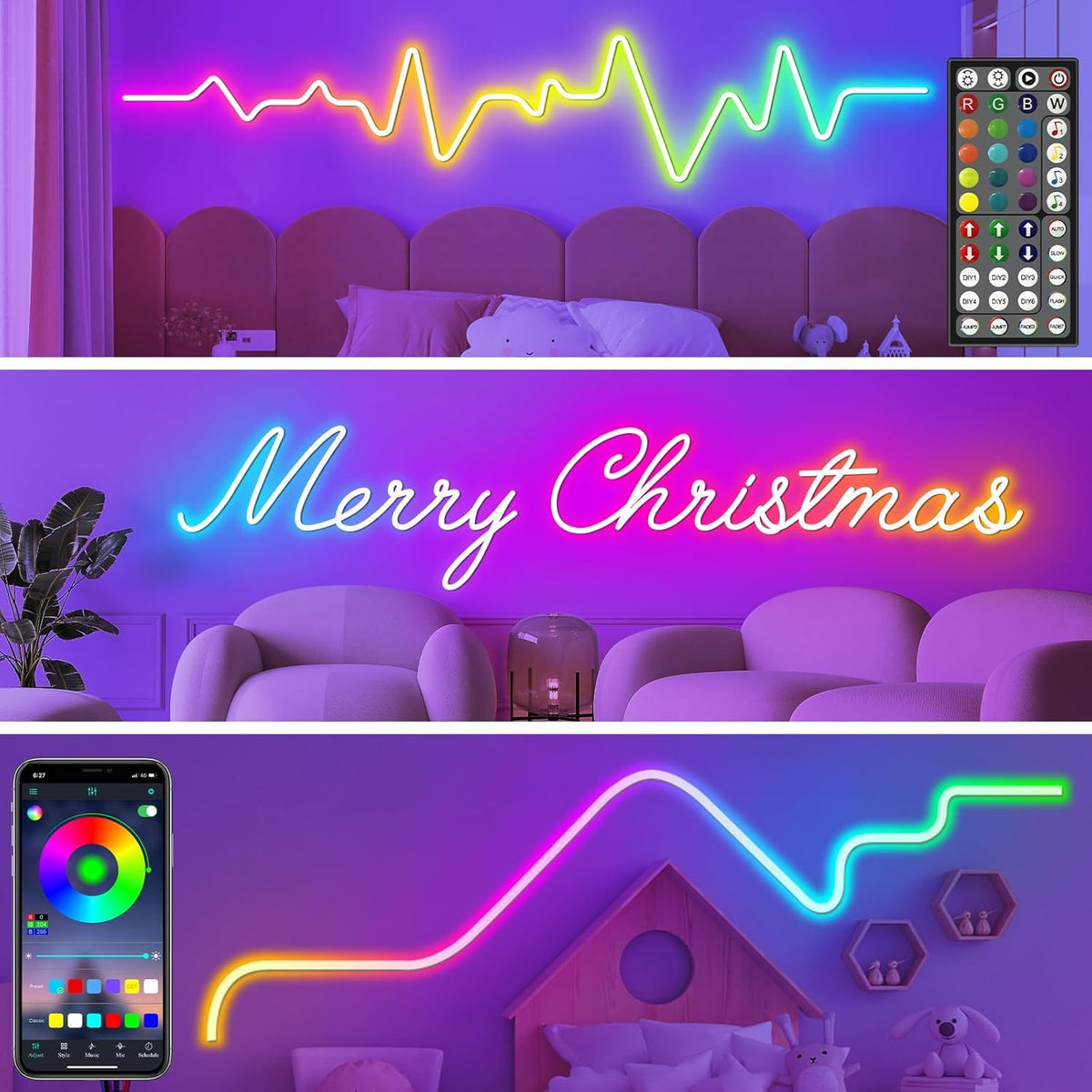 100Ft Neon Rope Lights,Flexible Led Rope Lights Control with App/Remote,Multiple Modes Rope Lights,IP65 Outdoor RGB Led Neon Lights Waterproof,Music Sync Gaming Led Neon Light Strip for Bedroom Decor