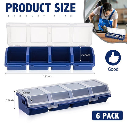 Hushee 6 Pcs Screw Organizer Box with Lid 4 Compartments Small Parts Organizer Plastic Stackable Nut and Bolt Hardware Storage Tool Bin Divider Sorting Screw Box for Workbench Garage (Blue)