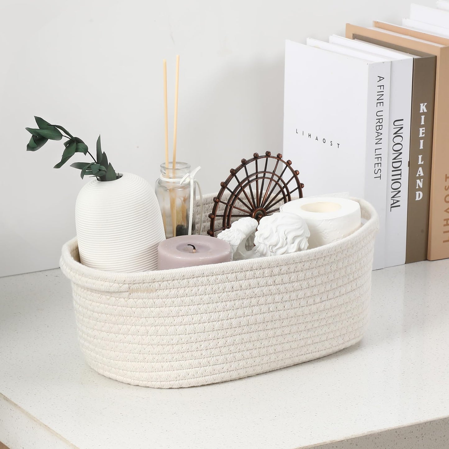 2 Pack Small Woven Basket with Gift Bags and Ribbons, Empty Decorative Gift Chest Box, Cute Baby Gift Basket for Nursery, Cotton Rope Room Shelf Storage Basket with Handles, All 12"x 8"x 5",White