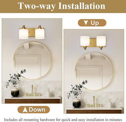 Stainless Steel Milk Glass Vanity Lights for Bathroom, 2 Light Gold Bathroom Light Fixtures Over Mirror, Ceramic E26 Sockets Wall Mounted