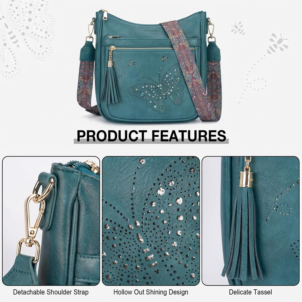 KITEVIUN Medium Crossbody Bags for Women Trendy, Vegan Leather Crossbody Purse Butterfly Design, Women's Shoulder Handbags with Tassel