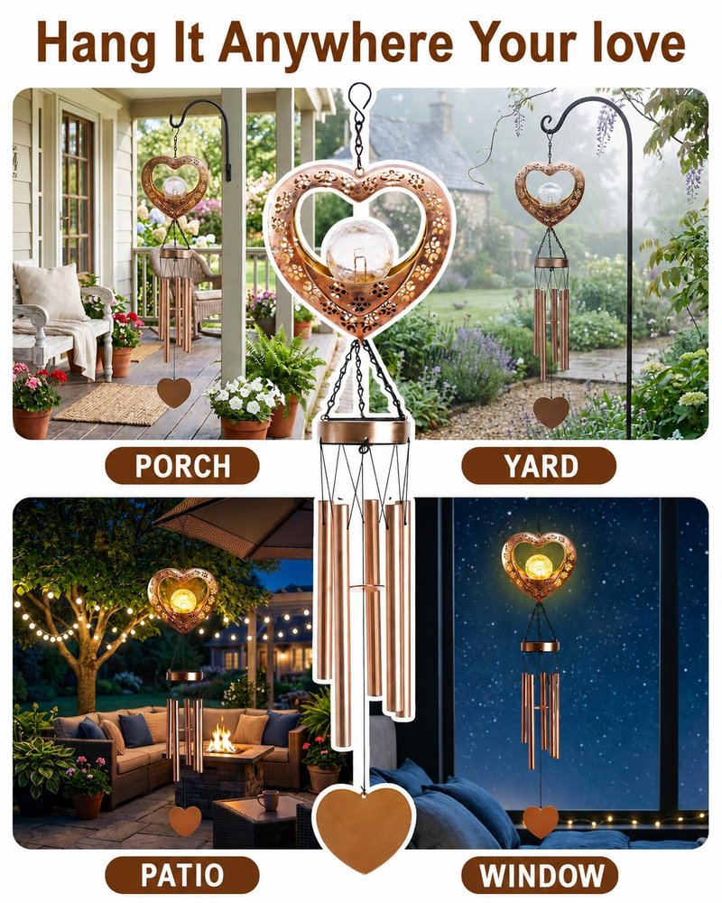 Nacome Solar Heart Wind Chimes for Outside: Weatherproof Metal Outdoor Decor Easy Hanging for Garden Patio Tree Window - Melodious Mother's Day Birthday Gifts for Mom Women Mom Grandma Her Wife