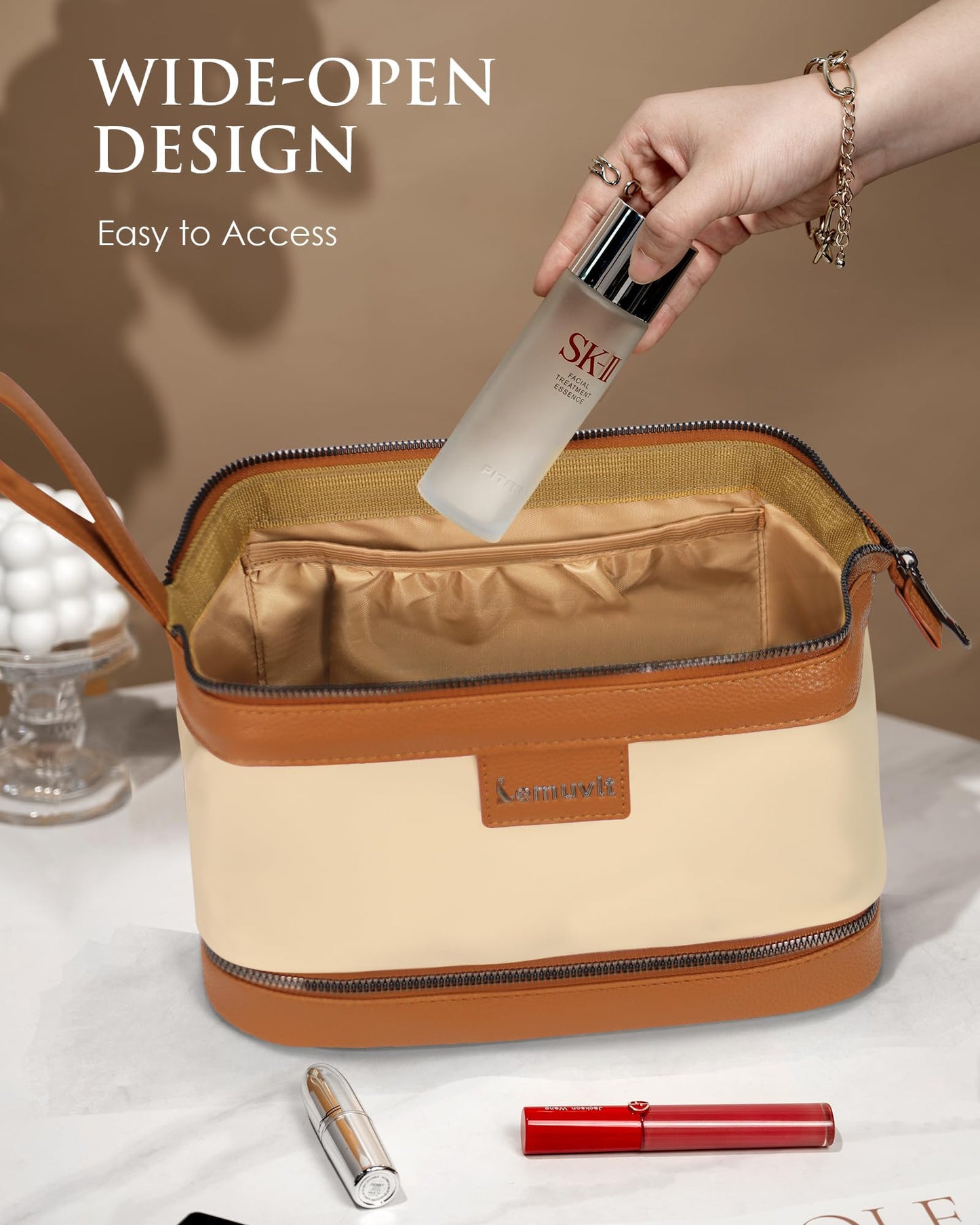Lemuvlt Double-Layer Toiletry Bag, Water-Resistant Hybrid Leather Cosmetic Organizer with Wet/Dry Compartments, 26x15x16cm (Cream, Double layer)