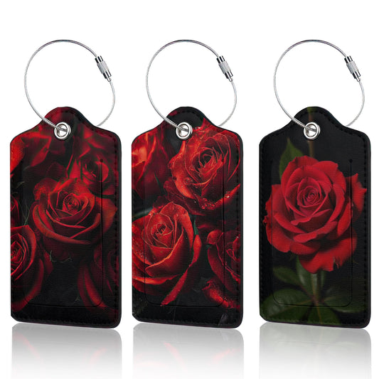3 Pack Red Rose Luggage Tags for Suitcases, Cute Leather Name Tag with Privacy Cover with Stainless Steel Loops, Travel ID Bag Tags for Women Men