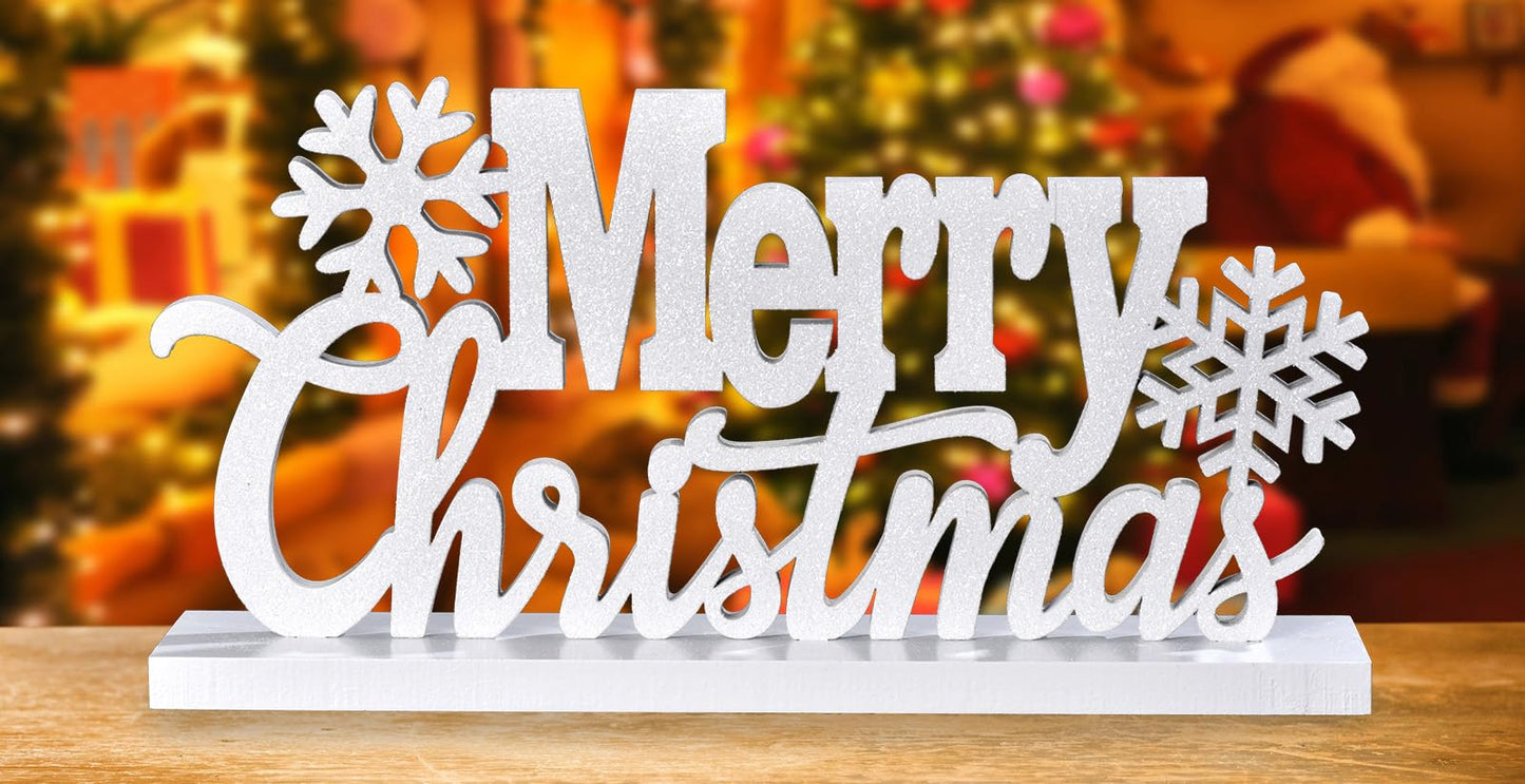 Wooden Merry Christmas Tabletop Decor, Elegant Wood Cutout with Glitter, Wooden Xmas Table Sign, Christmas Centerpiece for Xmas Party Decor for Table Tiered Tray Mantel (White)