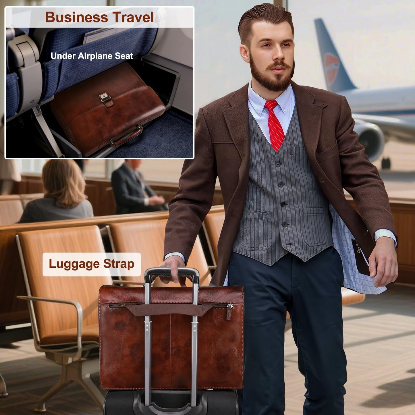 Banuce Italian Full Grain Leather Briefcase for Men Fits 15.6 Inch Laptop Office Work with Anti-theft Lock and Luggage Strap for Business Travel Brown