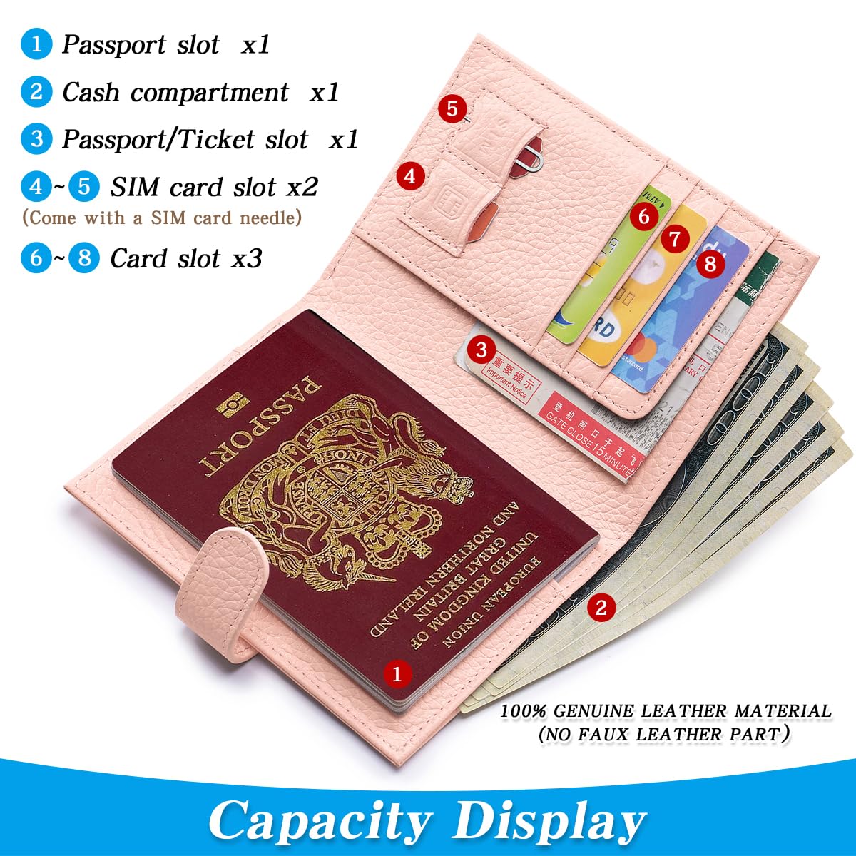 FREYAMIRA Passport Holder for Travel Women RFID Blocking Genuine Leather Passport Wallet with Card Slots, Zipper Coins Pocket, Cash Holder, Pink