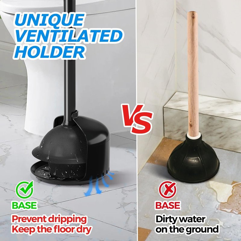 FORASTO Toilet Plunger with Holder,Plungers for Bathroom with Holder,Heavy Duty Plunger with Cover,Bathroom Decor，Bathroom Accessories，Toilet Bowl Cleaners,Black