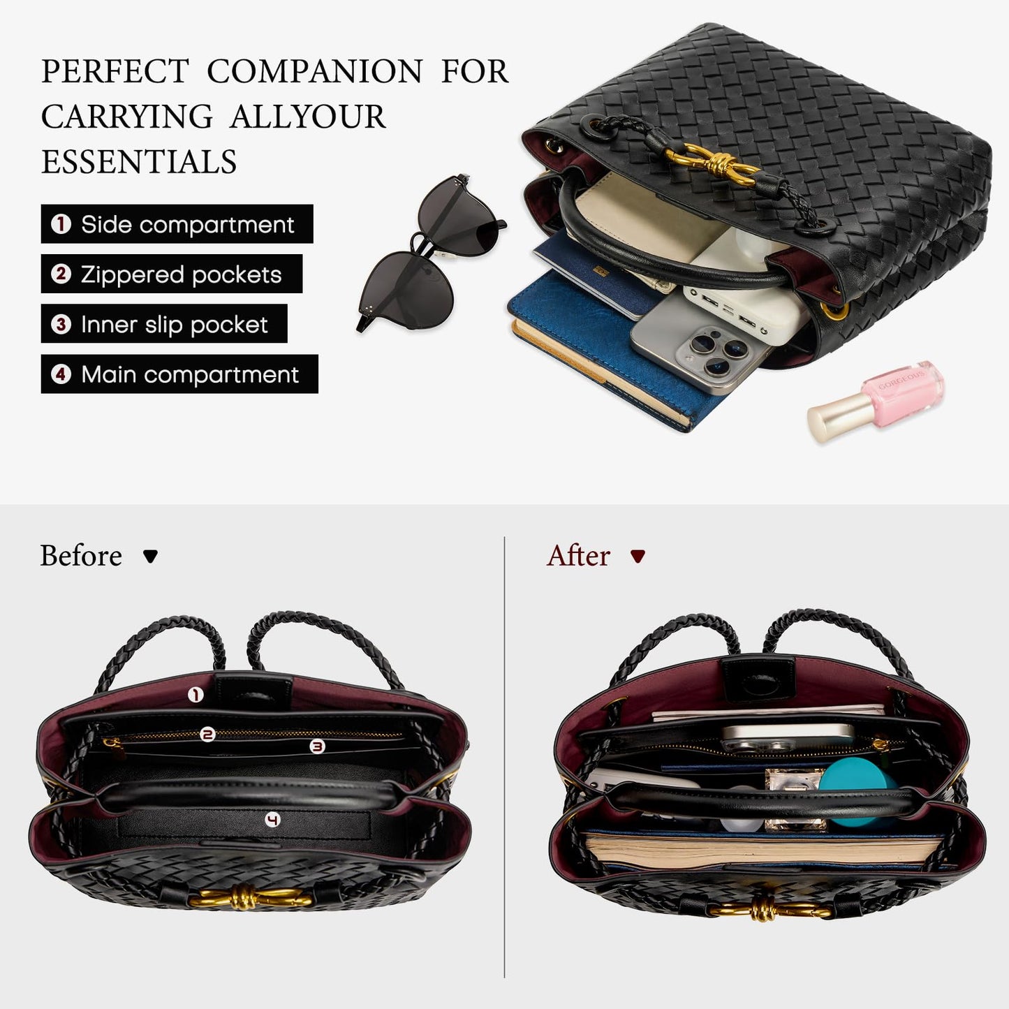 Woven Tote Bag for Women Leather Shoulder Handbag Designer Top Handle Purses(Black)