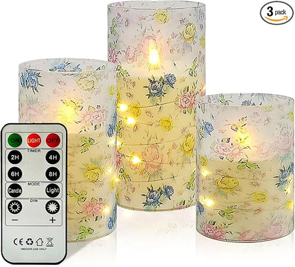 Flickering Flameless Candles Vintage Blue Floral Print, Embedded Star String Lights, Battery Operated Acrylic LED Pillar Candles with 11-Key Remote and Timer for Home Decoration, 3 Pack