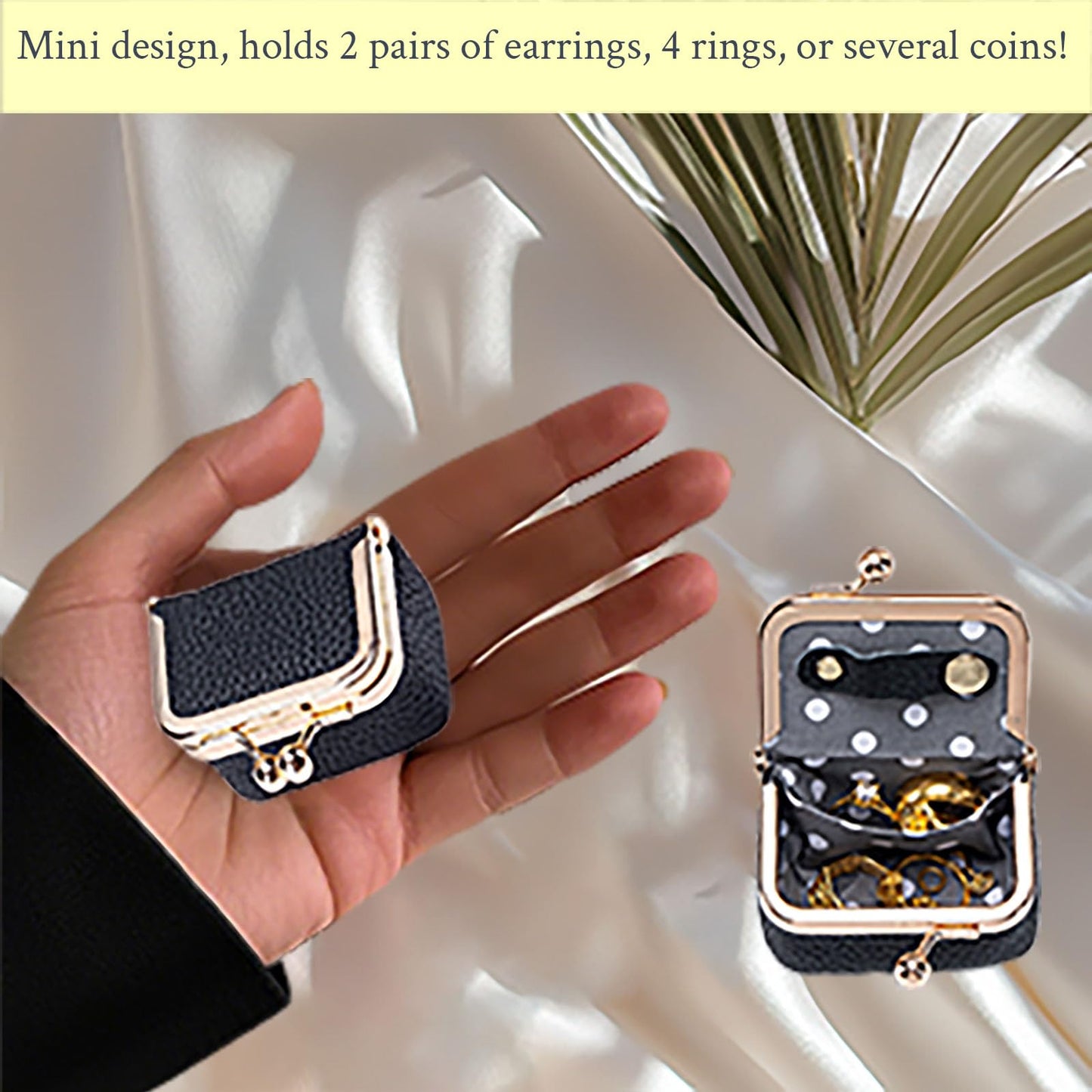 FURZART Genuine Leather Jewelry Travel Case Mini Portable Organizer with Kiss Lock & Anti-Tip Design, Stable Small Jewelry Box for Earrings, Rings, Coin Purse & Travel (2.55x1.77 Inch, Black)