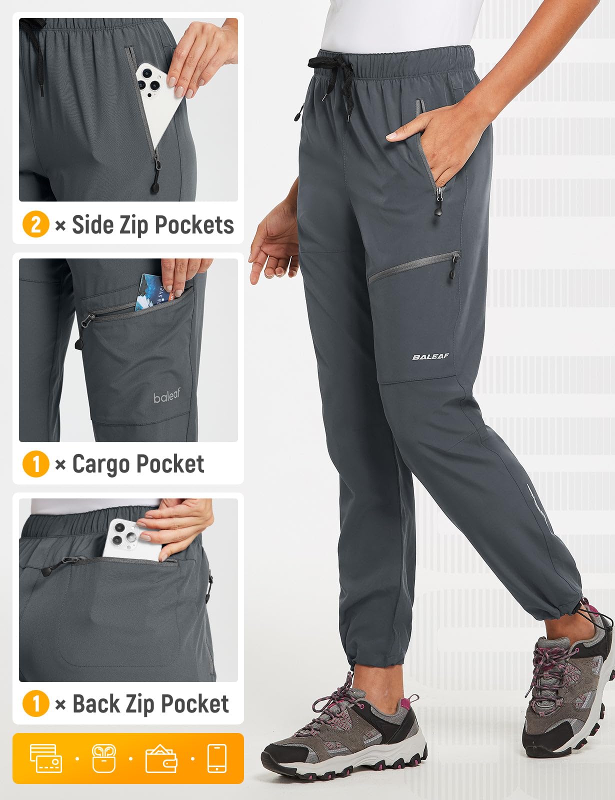 baleaf Women's Hiking Pants Quick Dry Lightweight Water Resistant Stretch Cargo Pants with Zipper Pockets Travel Camping 29''-Navy Blue 3XL