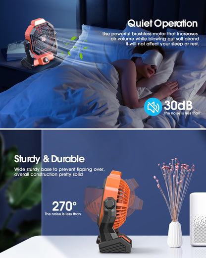20000mAh Solar Fan, Camping Fan with Solar Panel, 7W 9-Inch Rechargeable Battery Operated Fans for Outside, LED Lantern, Stepless Speed and Quiet Battery Powered Solar Tent Fans for Outdoor, Barbecue