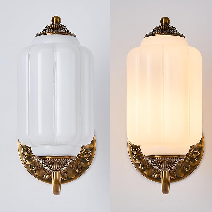 Vintage Brass Wall Sconce Light Fixture with Milk White Glass Shade, Retro Glass Wall Lamp, Indoor Wall Light for Bedroom, Living Room, Hallway