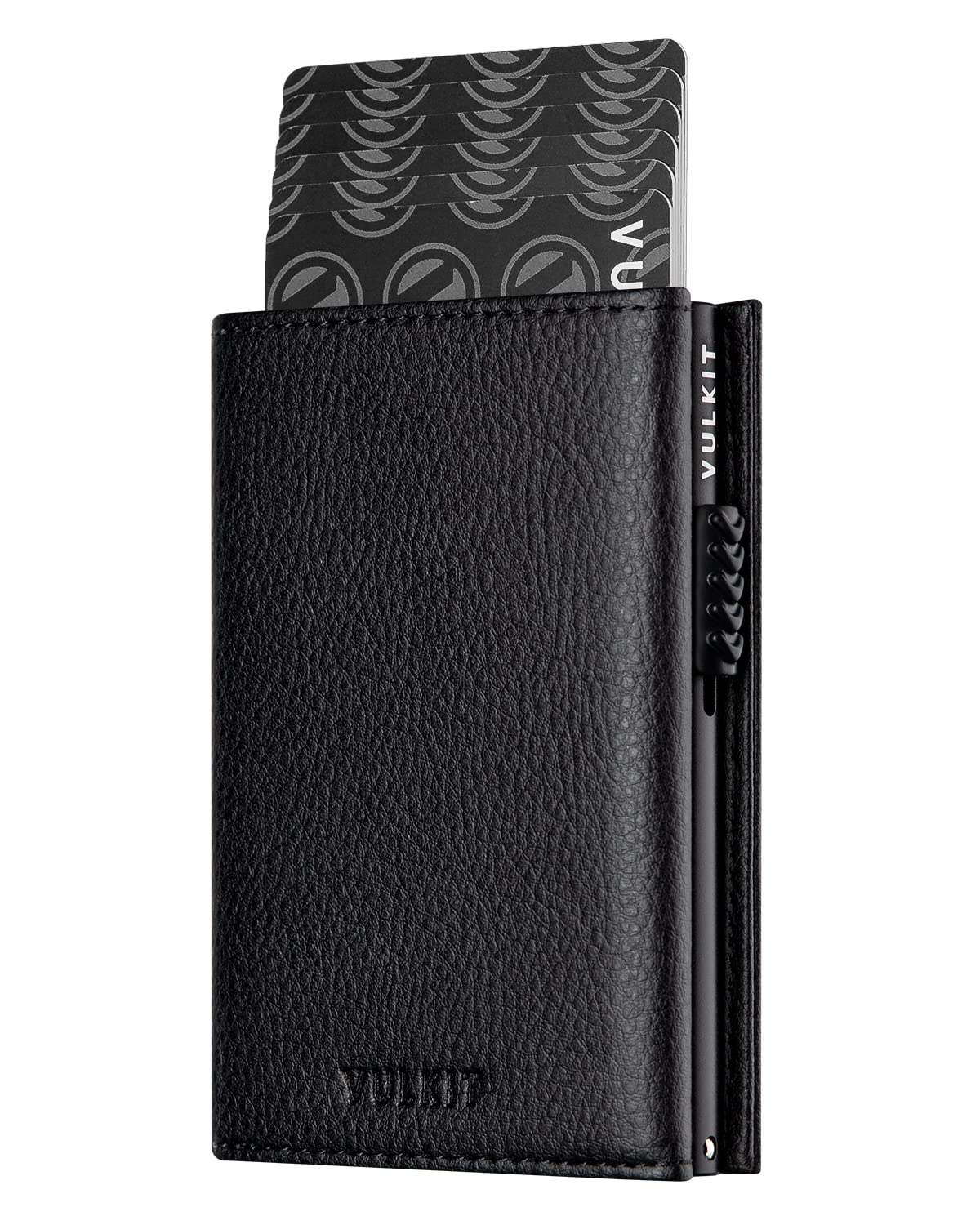 VULKIT Card Holder Wallet with Coin Pocket Magnetic Closure Pop Up Cards With ID Window Leather Wallet for Cash & Credit Cards, Grain Black