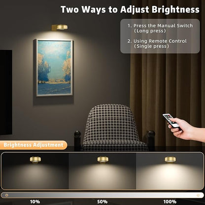 6PCS Picture Lights,3 Colors Paintings Light Rechargeable Battery Wall Light Dimmable and Timer Metal Art Light for Paintings,Display, Wall, Artwork, Gallery (Gold)