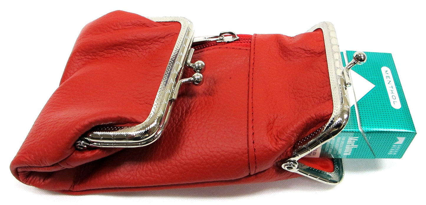 Deluxe Genuine Leather Cigarette and Lighter Case with Zipper Pocket Twist Clasp Kiss Lock Closure Fit 100's -Red