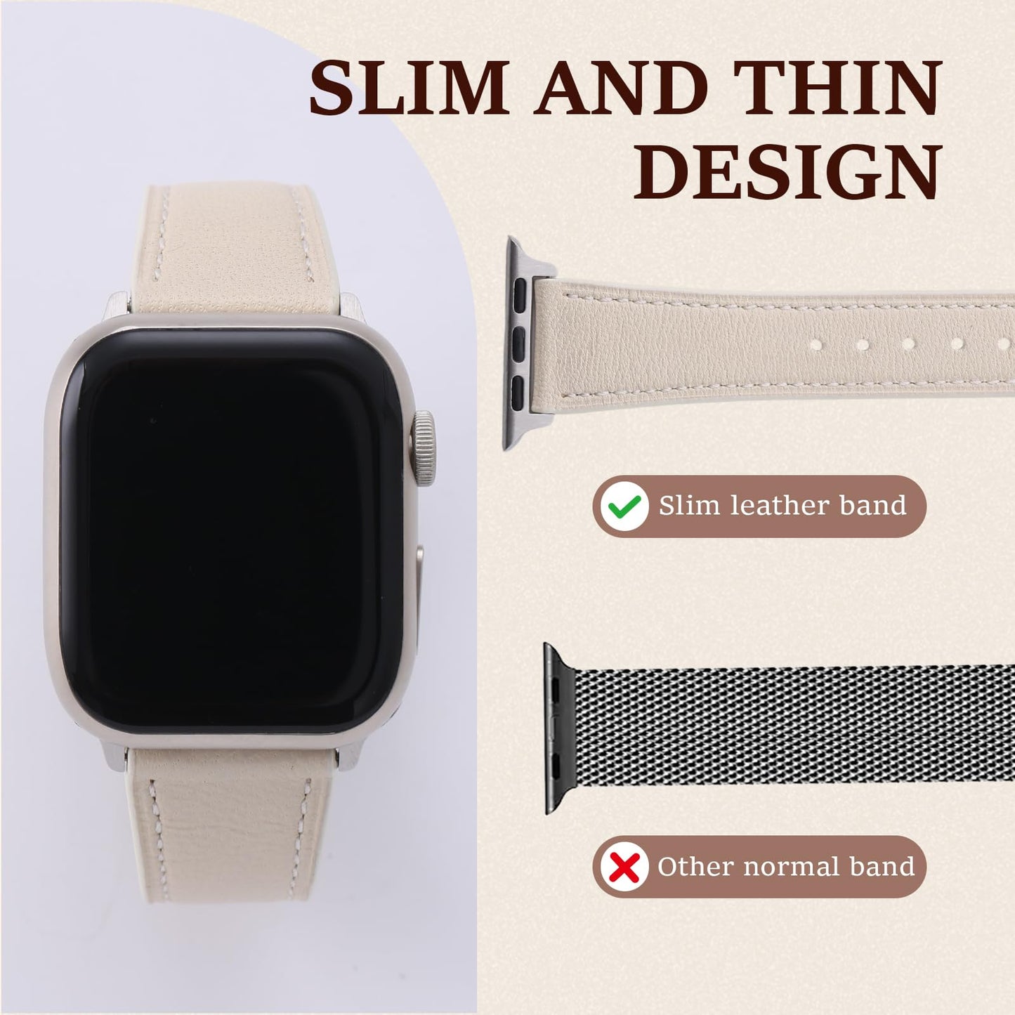 Thin French Goatskin Women's Soft Leather Band Compatible with Apple Watch Band 38mm 40mm 41mm 42mm 44mm 45mm 46mm 49mm, Slim Genuine Leather Strap for iWatch Series Ultra SE 10 9 8 7 6 5 4 3 2 1