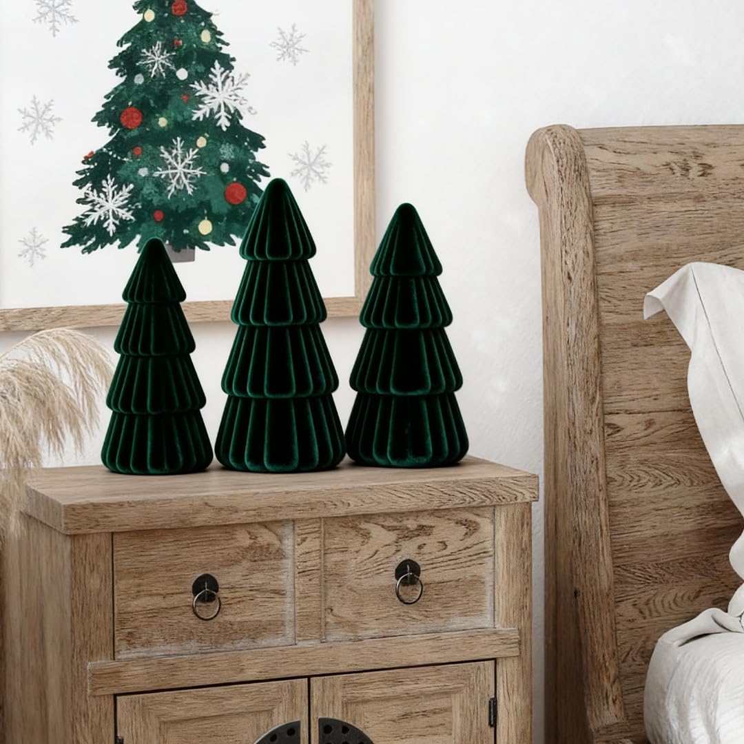 Joyhalo Tabletop Christmas Trees, Set of 3 Velvet Christmas Trees Indoor Xmas Decoration Centerpieces for Table, Mantel, Holiday, Party and Home Decor, Green