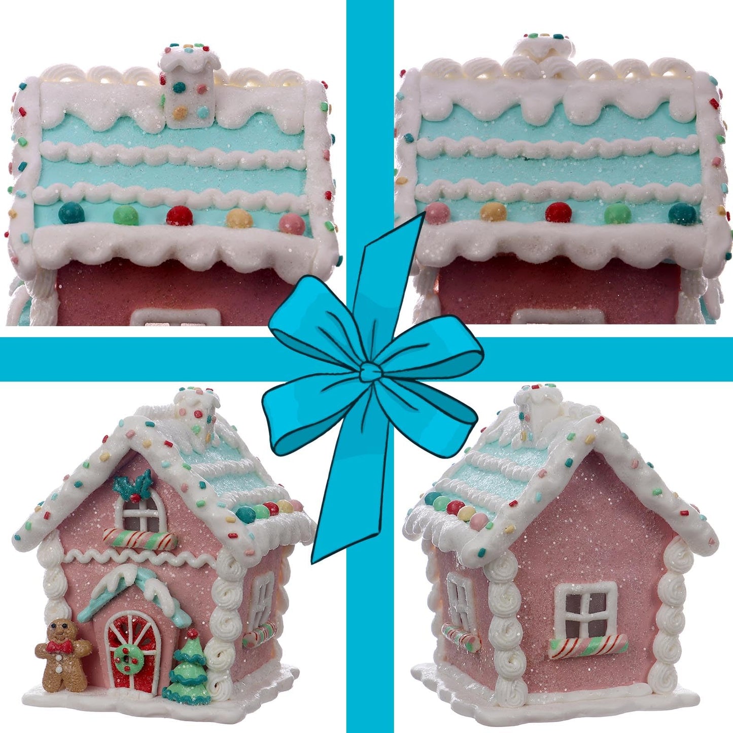 Season 2 Season Christmas Decorations 5.9" LED Gingerbread House Xmas Village Ornaments with Gingerbread Human Cookie and Christmas Pine Tree for Home Decor Holiday Decor
