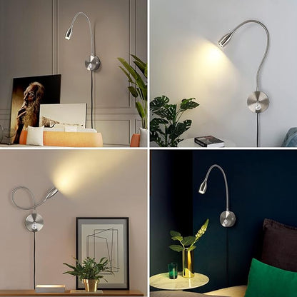 Dimmable Reading Light Plug in Wall Mounted Bedside Headboard Reading Light Task Directional Gooseneck LED Light 3W Output (Brushed Nickel, 120V Plug in, Warm White)