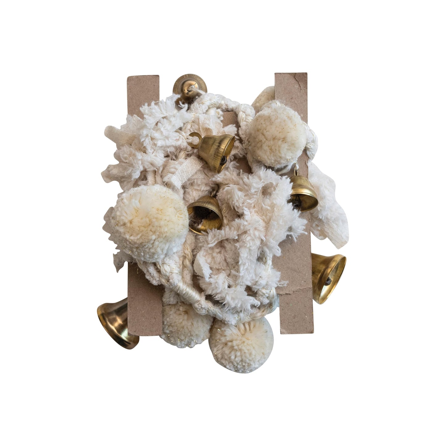 Creative Co-Op Handmade Wool and Cotton Blend Pom Pom and Bell Garland, Natural and Brass Finish