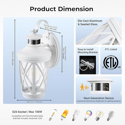 VIANIS Motion Sensor Outdoor Wall Light Fixtures, 2-Pack White Dusk to Dawn Front Porch Lights, Anti-Rust Outdoor Lanterns Wall Mount with Adjustable Sense Range, Exterior Coach Light for Garage