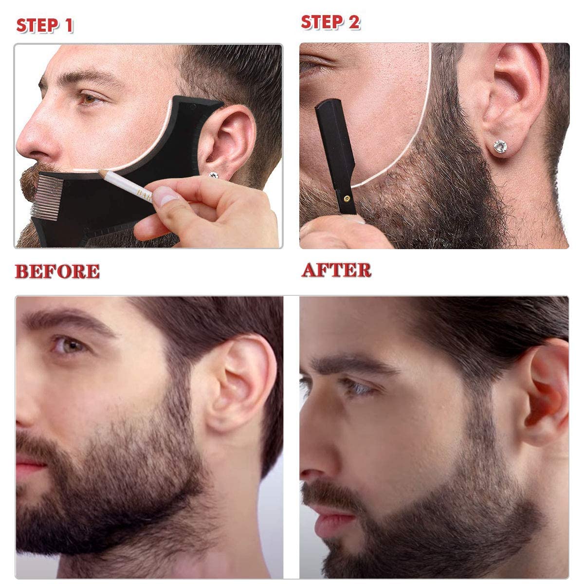Beard Shaper, Beard Shaping Tools, Include Beard Template Guide, Professional Straight Edge Razor, 10 Count of Double Edge Blade, Barber Pencil, Beard Comb, 2 Stainless Steel Scissors, CUKBLESS