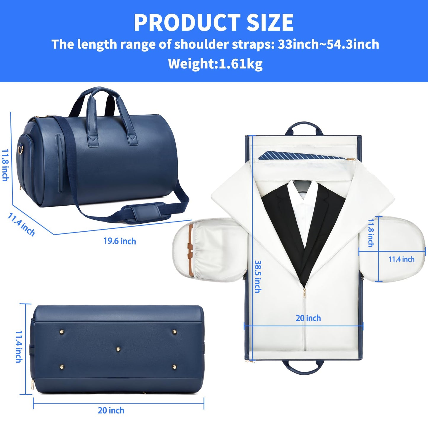 Leather Garment Bag，Convertible Garment Duffel Bag for Travel Mens Suit Bag 2 in 1 Waterproof Foldable Carry on Garment bag with Shoulder Strap Weekender Bag with Shoe Pouch