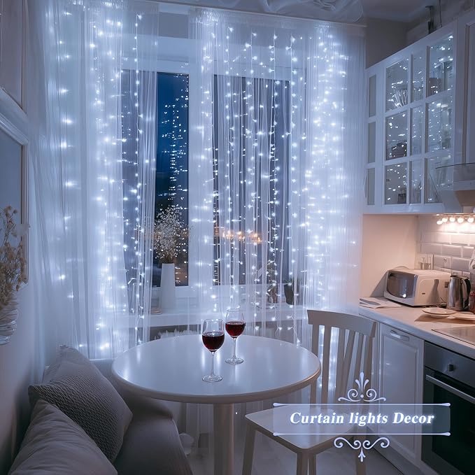 JMEXSUSS 200 LED Fairy Curtain Lights Battery Operated & USB Plug in - Remote Curtain String Lights for Bedroom with 8 Modes, Waterproof Window Lights Outdoor for Backdrop Wedding Party Decor, White