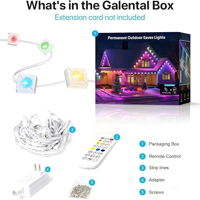 Permanent Outdoor Lights for House: 100FT RGB+IC LED Eave Light with Smart APP & Remote Control, 72 Scene Modes, IP65 Waterproof String Lights-Party, Christmas Decoration(Extension Cord Not Included)