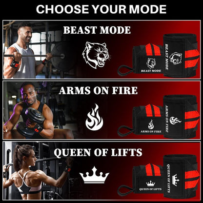 TECEUM Weightlifting Wrist Wraps with Thumb Loop – Black and Red – Arms on Fire – 18 inch – Heavy-Duty Workout Wrist Support & Protection – Ideal for Powerlifting, Strength Training, Bodybuilding