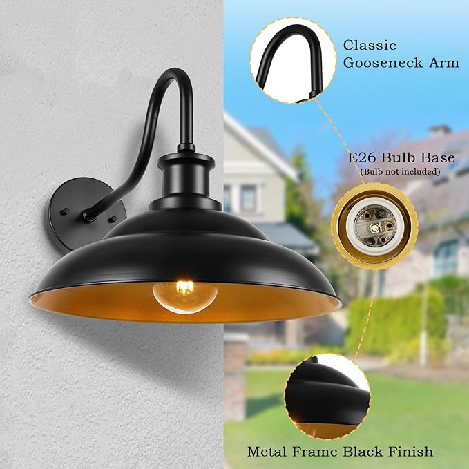 Outdoor Barn Gooseneck Light Fixture, Farmhouse 16 Inch Dome Large Black Exterior Wall Sconce, Industrial Wall Lantern for Porch, House, Garage, Patio, Front, 2 Pack