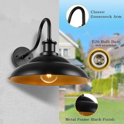 Outdoor Barn Gooseneck Light Fixture, Farmhouse 16 Inch Dome Large Black Exterior Wall Sconce, Industrial Wall Lantern for Porch, House, Garage, Patio, Front, 2 Pack