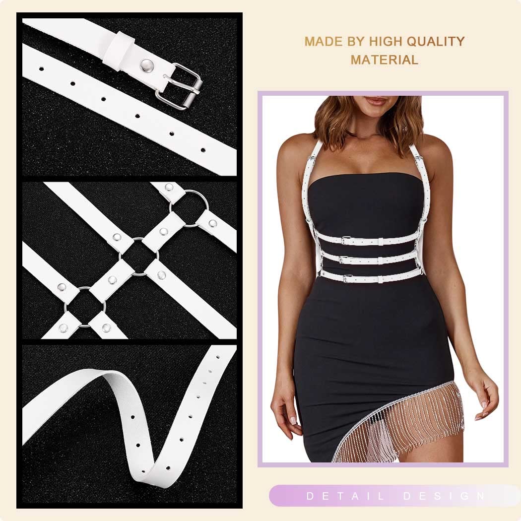 BODIY Women Fashion Leather Harness Belt Punk Waist Harness Belts Rave Body Accessories (White)
