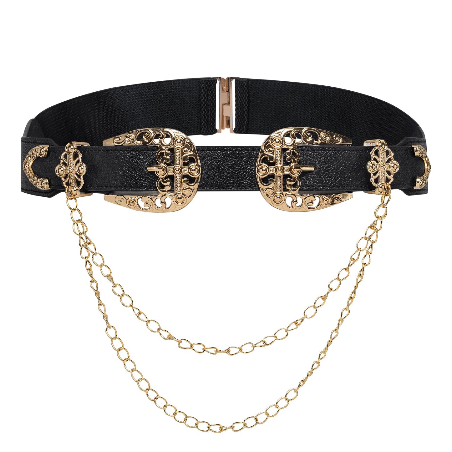 Barry.Wang Women Double Western Belt Vintage Leather Black Belt Gold Buckle Design Elastic Waist Chain Jeans Dresses Cowgirl