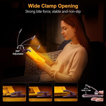 Gritin 19 LED Rechargeable Book Light for Reading in Bed with Memory Function- Eye Caring 3 Color Temperatures,Stepless Dimming Brightness,80 Hrs Runtime Clip on Light for Book Lovers-Dark Purple