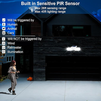 EMANER Solar Lights Outdoor Motion Sensor, 2500LM Lux Equivalent White Flood Lights for Outside, Dusk to Dawn 3-Mode Sensing Security Light, Solar Powered Driveway Lights Cordless, 2-Pack