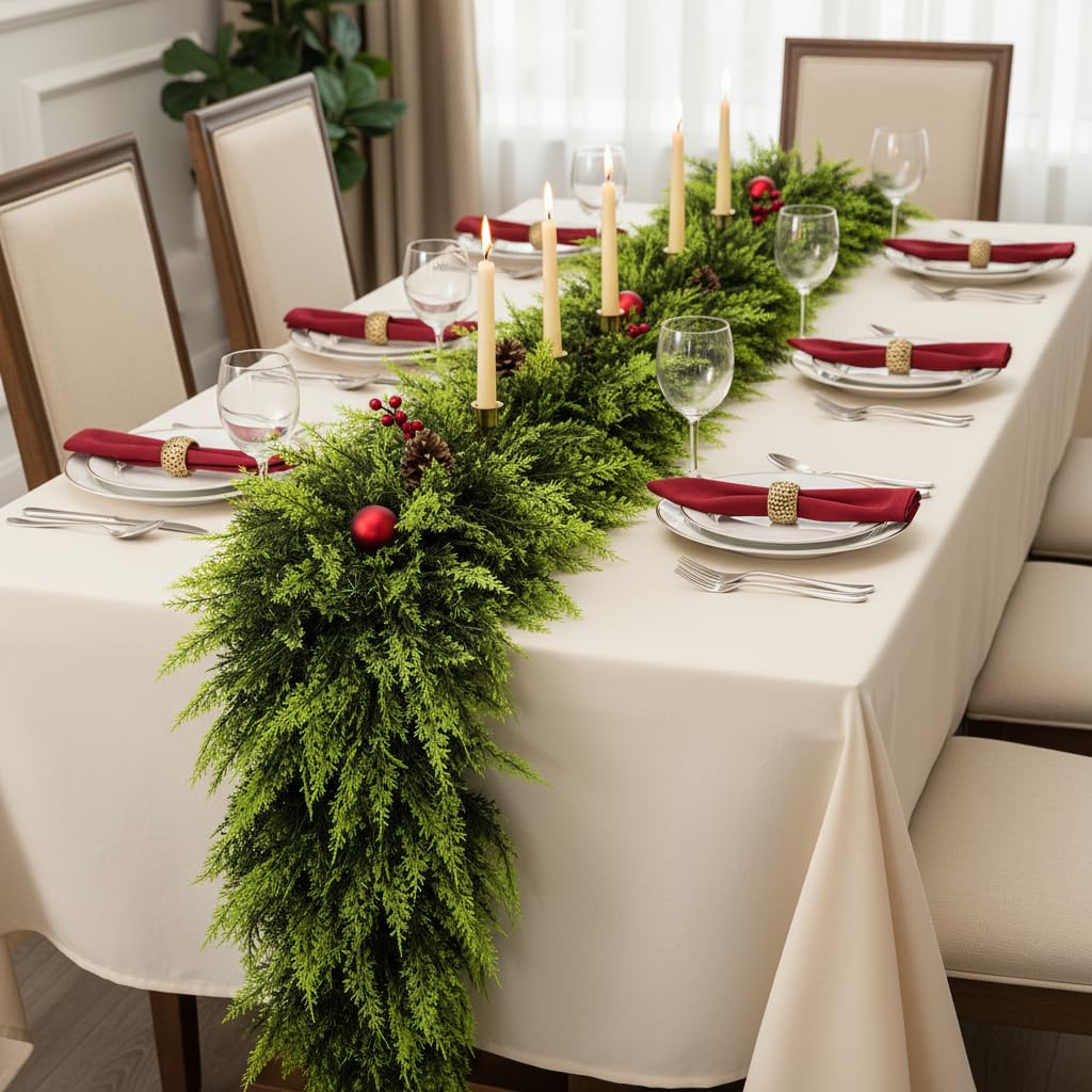 6 FT Christmas Cedar Garland, Real Touch Soft & Thickness Greenery Pine Garland for Mantle Table Fireplace Outdoor Indoor Christmas Decorcorations