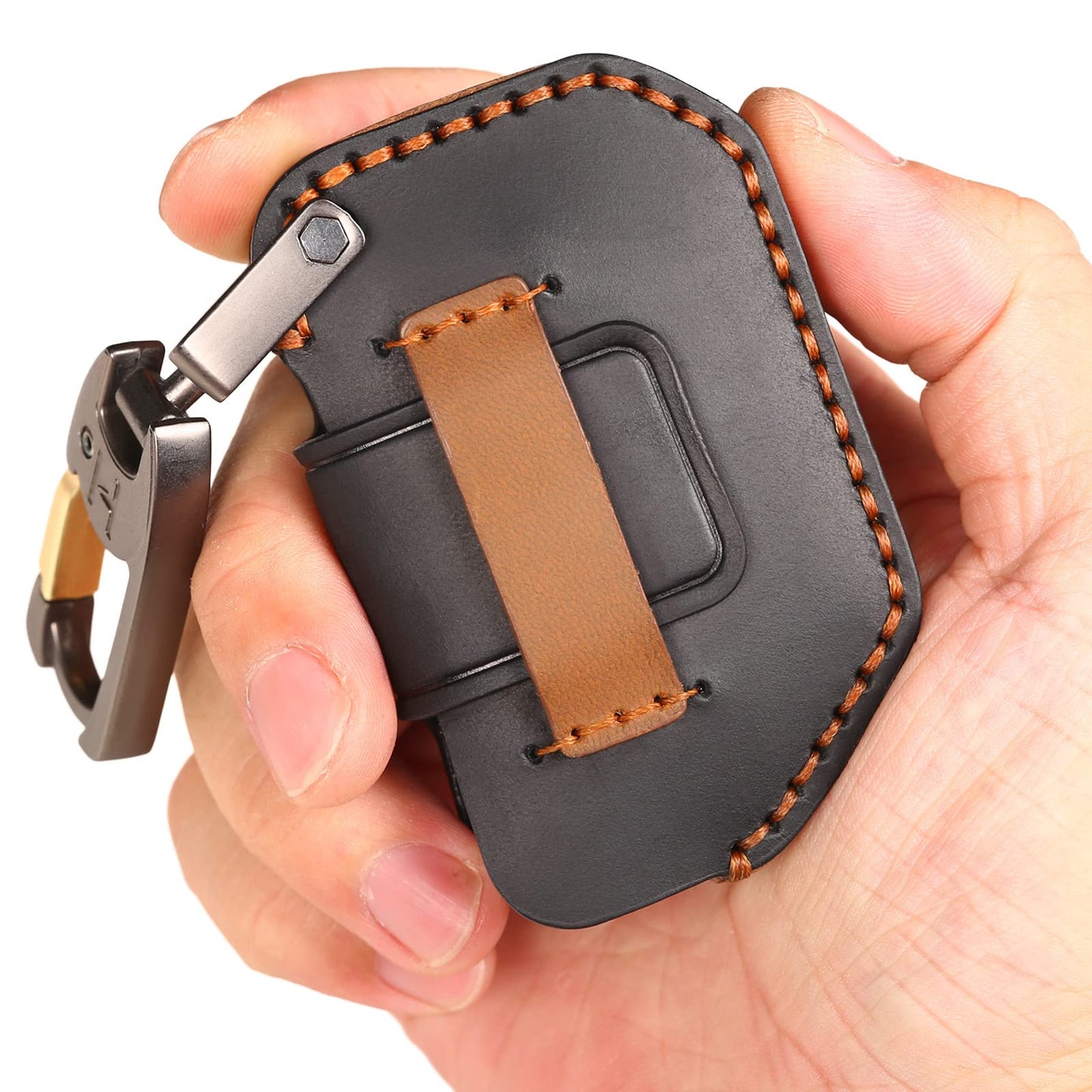 EASYANT Handmade Leather Car Key Fob Cover Compatible with Jeep 2018-2024 Wrangler Gladiator Sahara Rubicon 4 Buttons Black