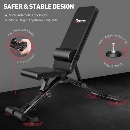 PASYOU Adjustable Weight Bench Full Body Workout Multi-Purpose Foldable Incline Decline Exercise Workout Bench for Home Gym