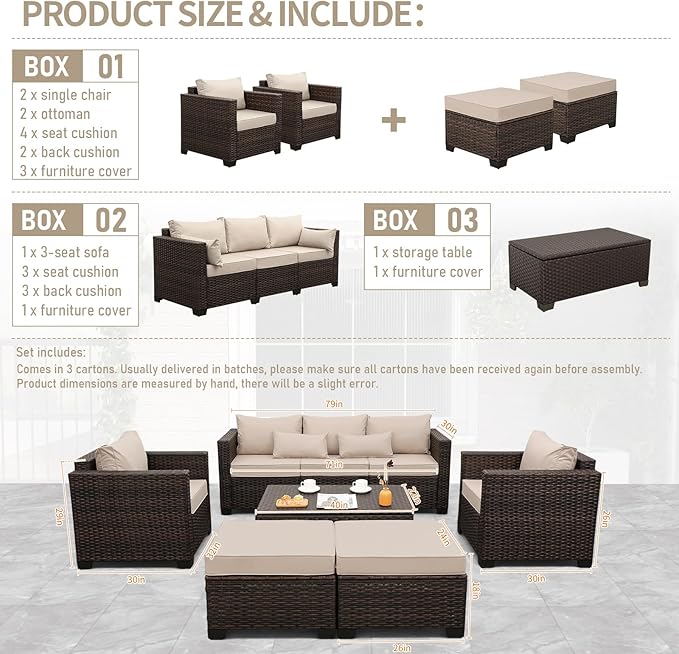Wicker Patio Furniture Set 6 Pieces Outdoor Furniture Chairs and Couch Storage Table Anti-Slip Cushions and Waterproof Covers, Khaki