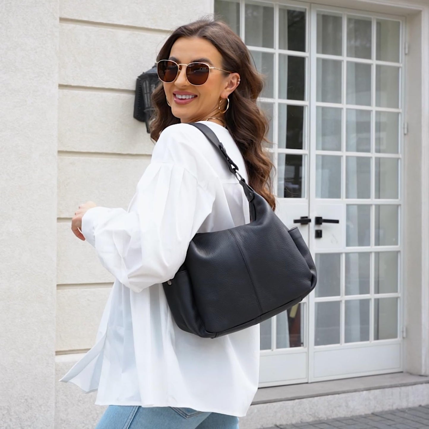 Genuine Leather Purses for Women Black Hobo Bag Work & Casual Crossbody Handbag with Two Adjustable Straps