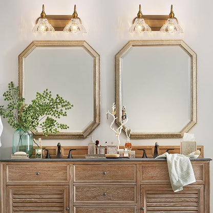 Vintage 2-Light Bathroom Vanity Light Wall Sconce Gold Wall Light Made of Metal Body and Pressed Patterned Glass Retro Vanity Light for Bedroom, Bathroom, Farmhouse, Hallway