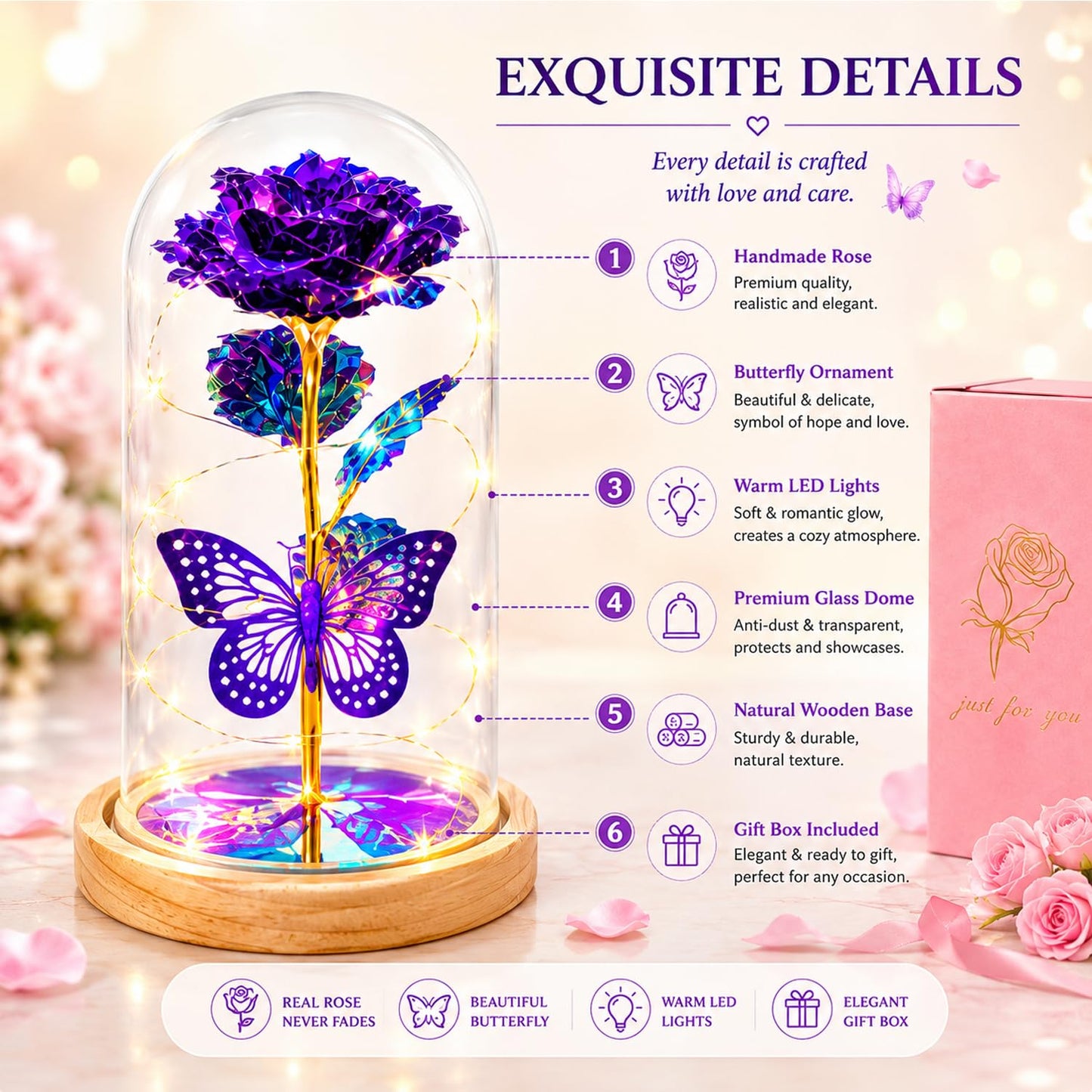 QUNPON Mothers Day Rose Gifts for Mom Flowers Rose Gifts for Women,Birthday Gifts for Women,Purple Butterfly Flowers for Mother Day Flower Gifts from Daughter Son,Gift for Mom,Sister,Her,Grandma,Wife