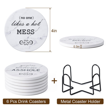 Hoewina 6Pcs Drink Coasters with Holder, Marble Style Ceramic Drink Coaster, Absorbent Coasters Set Suitable for Kinds of Cups, Modern Style Coasters for Coffee Table, 4 Inches（Style 10）